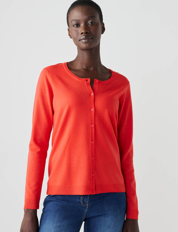 Cardigan boutonné col rond uni, toucher doux (rouge) Cardigan boutonné col rond uni, toucher doux (rouge)